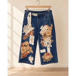 OOAK Handmade Upcycled Floral Lace Cropped Wide Leg Jeans Wearable Art